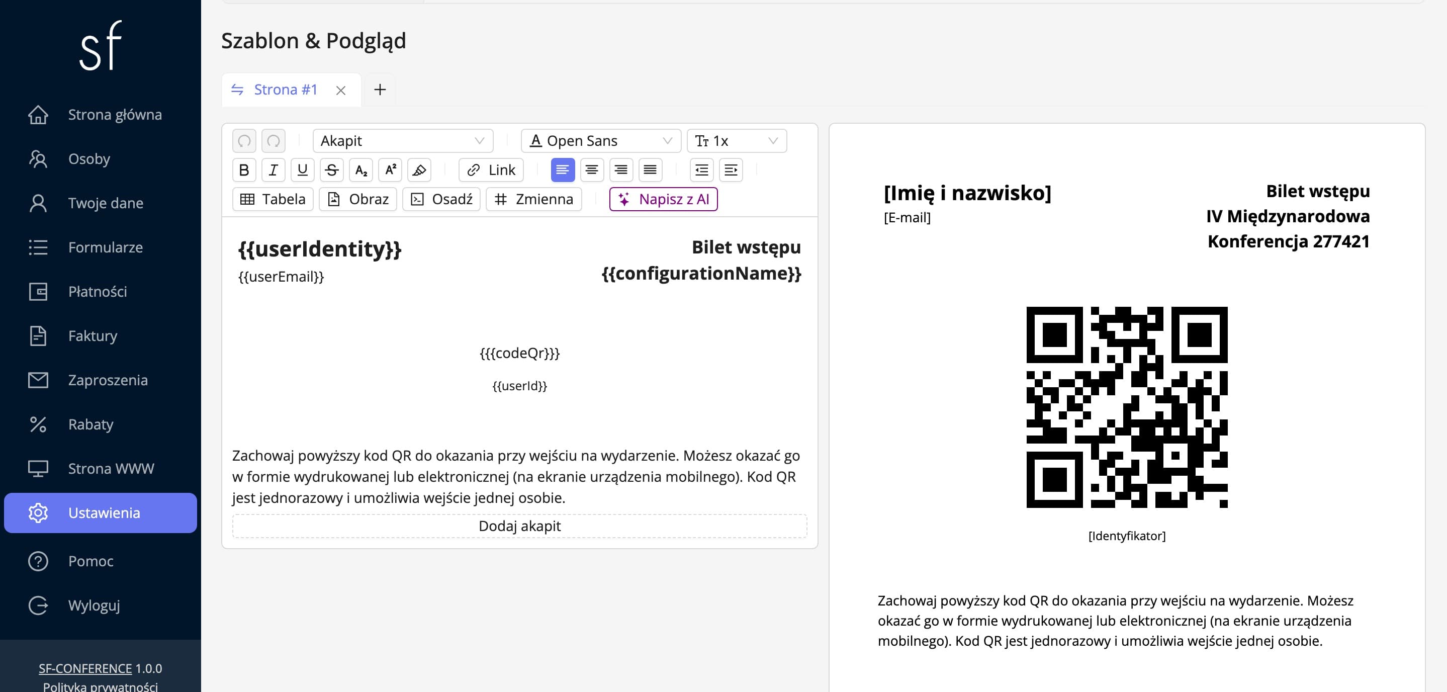 Szablon biletu wstępu z podglądem na żywo (dane fikcyjne)