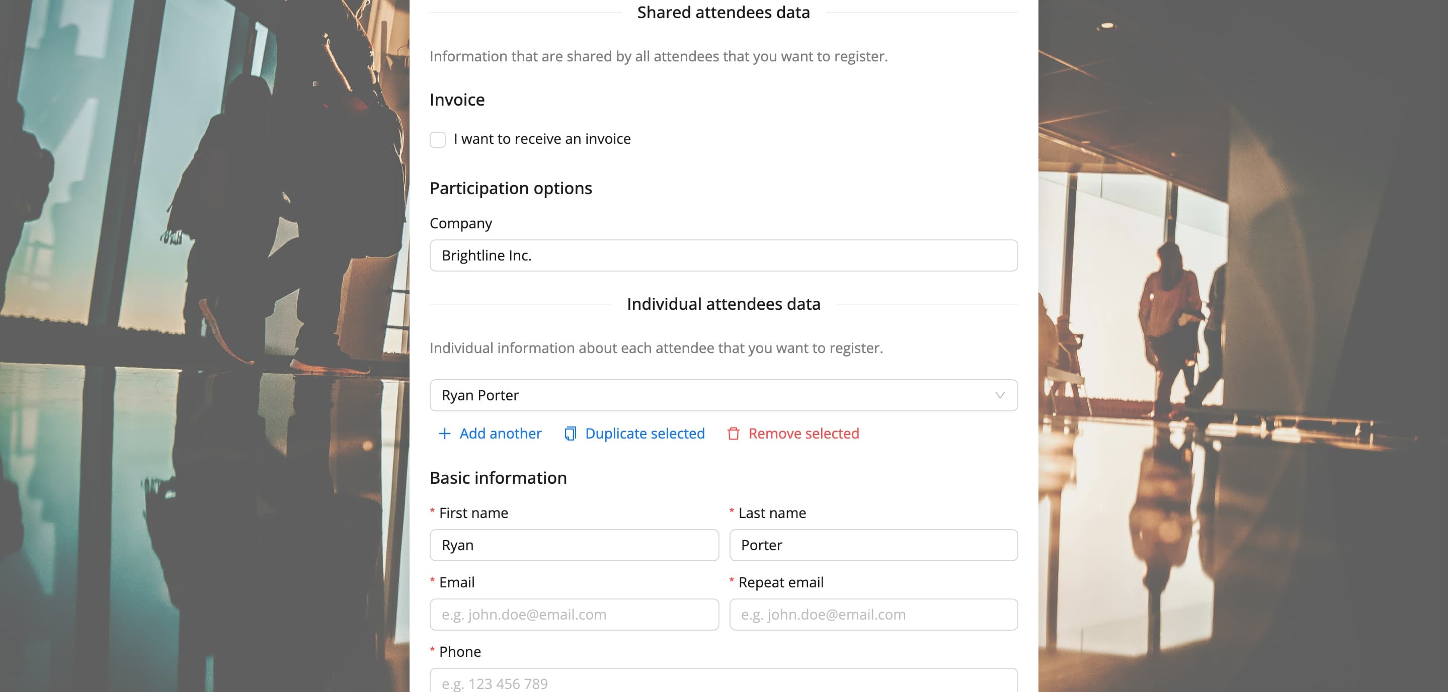 Shared attendees data and the list of registered people (fictional data)
