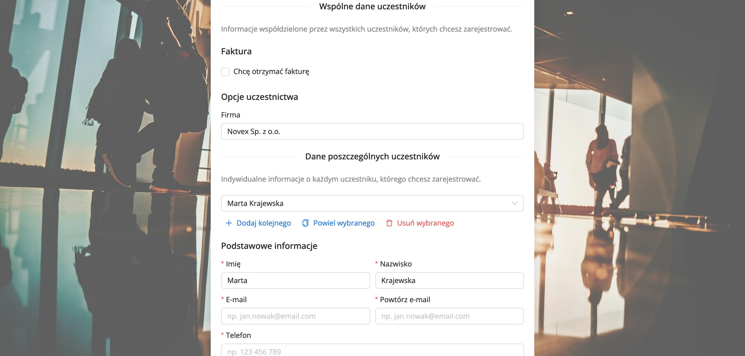 Wspólne dane uczestników i lista zgłaszanych osób (dane fikcyjne)