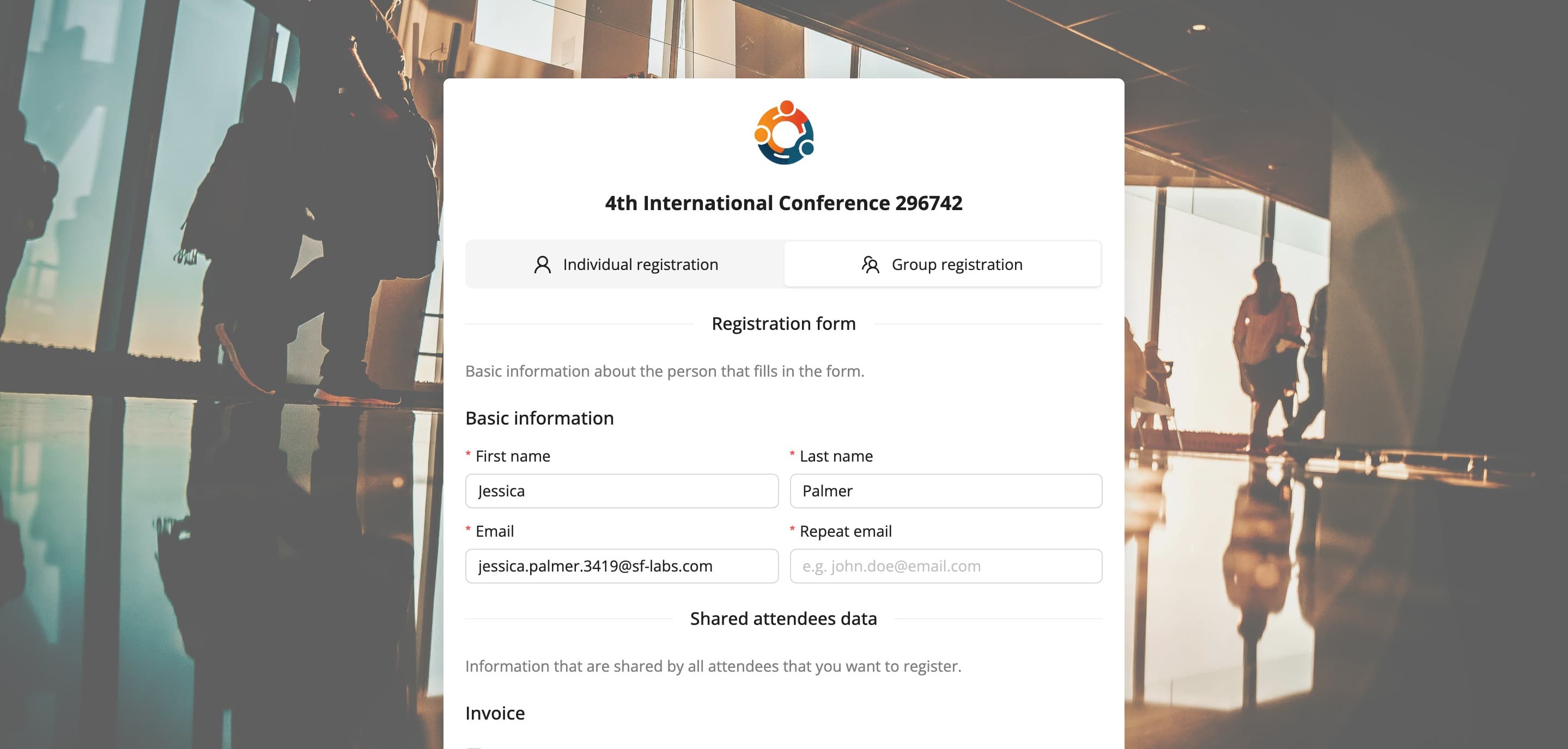 The form in group registration mode with the representative's data (fictional data)