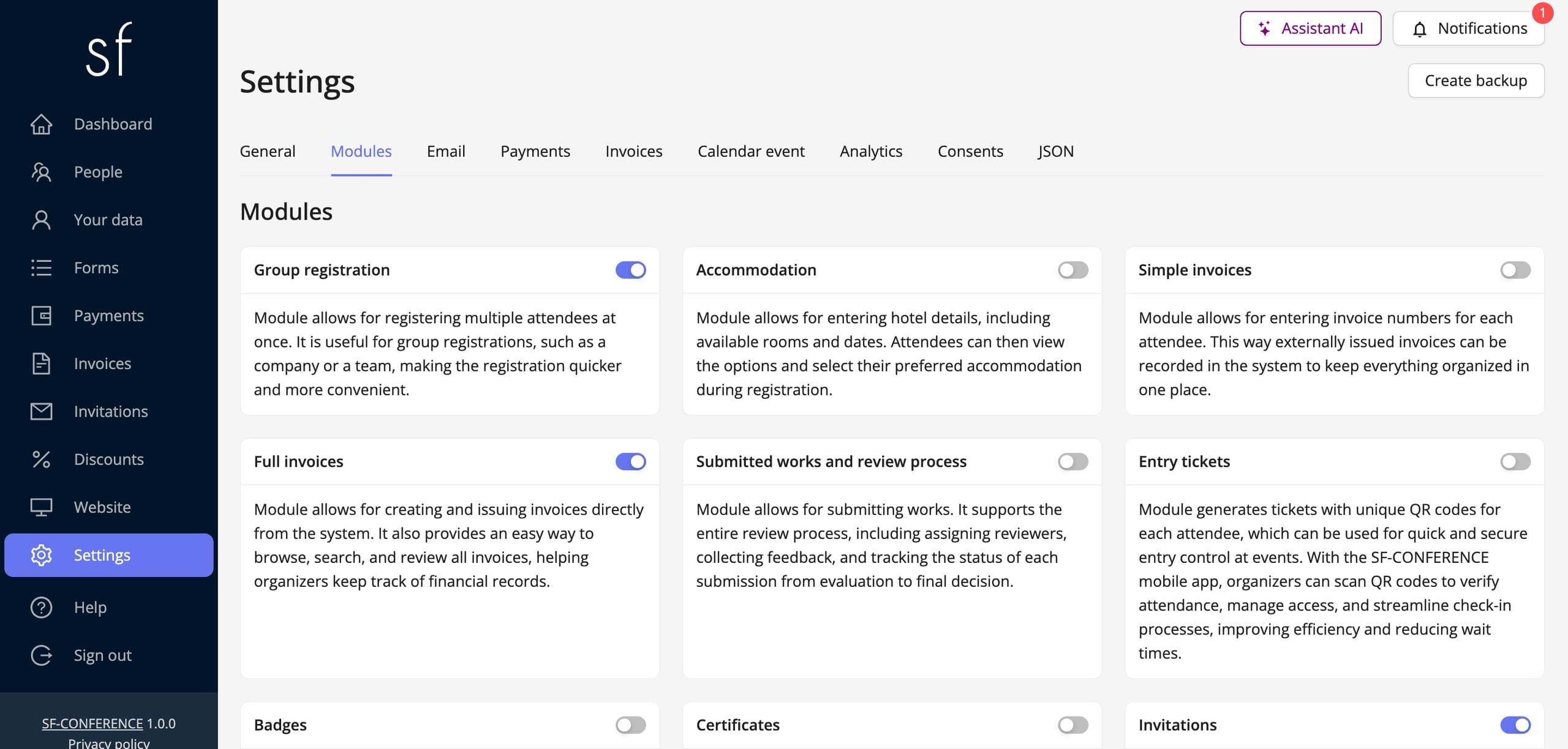 The group registration module card on the Modules tab (fictional data)