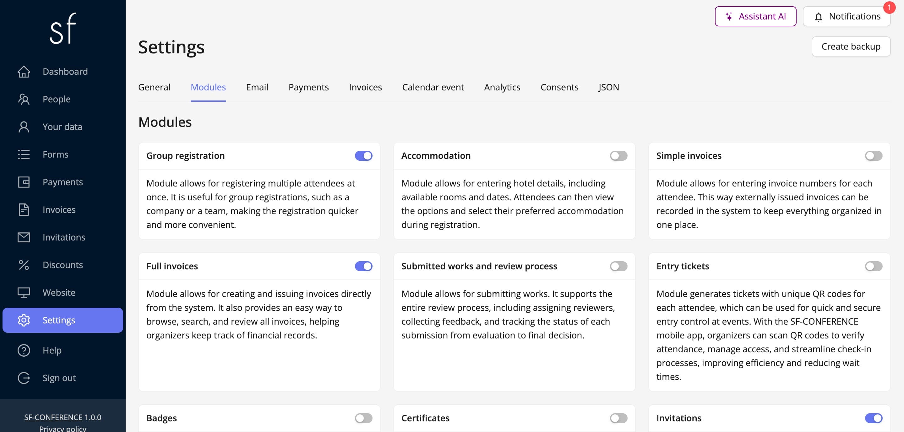 The group registration module card on the Modules tab (fictional data)
