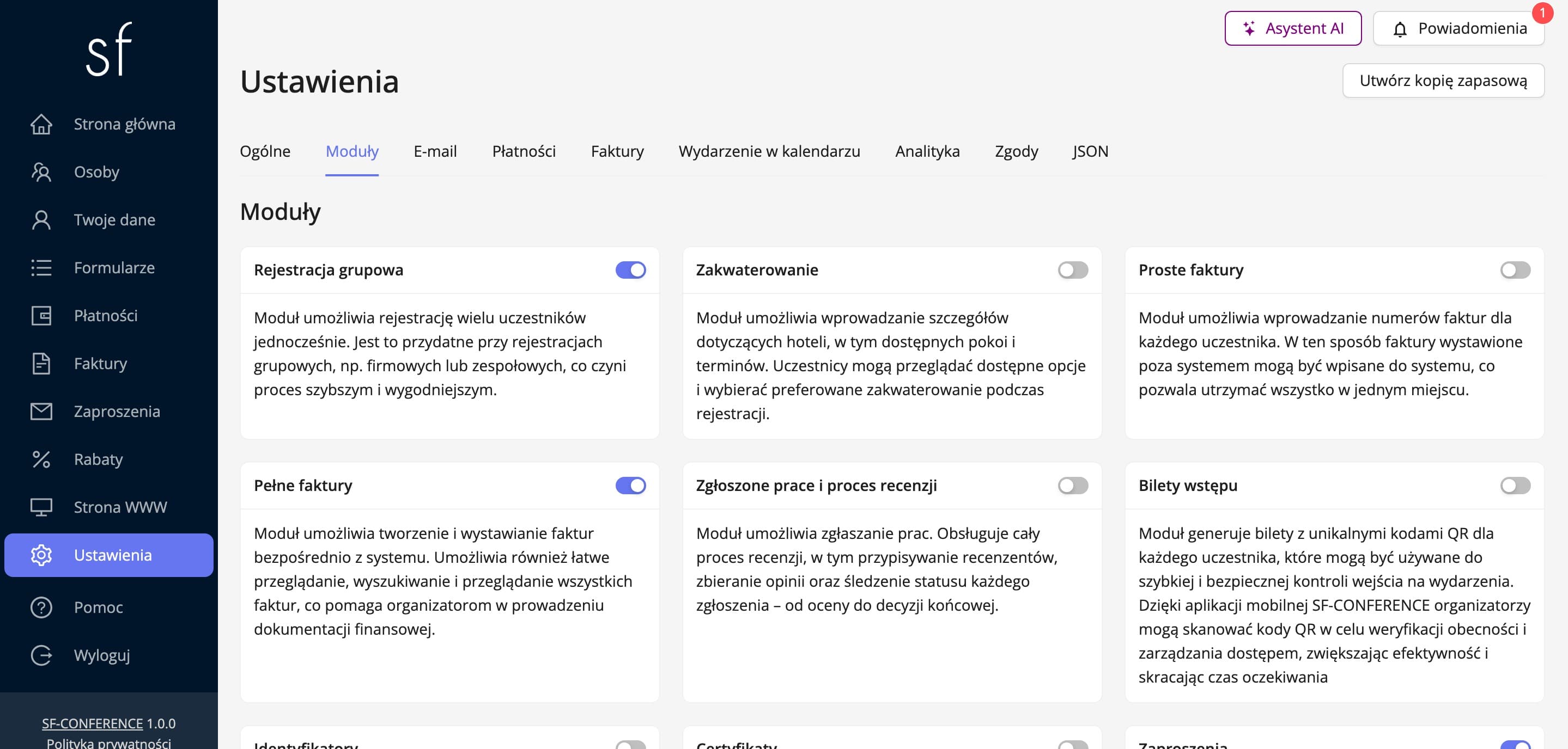 Karta modułu rejestracji grupowej w zakładce Moduły (dane fikcyjne)