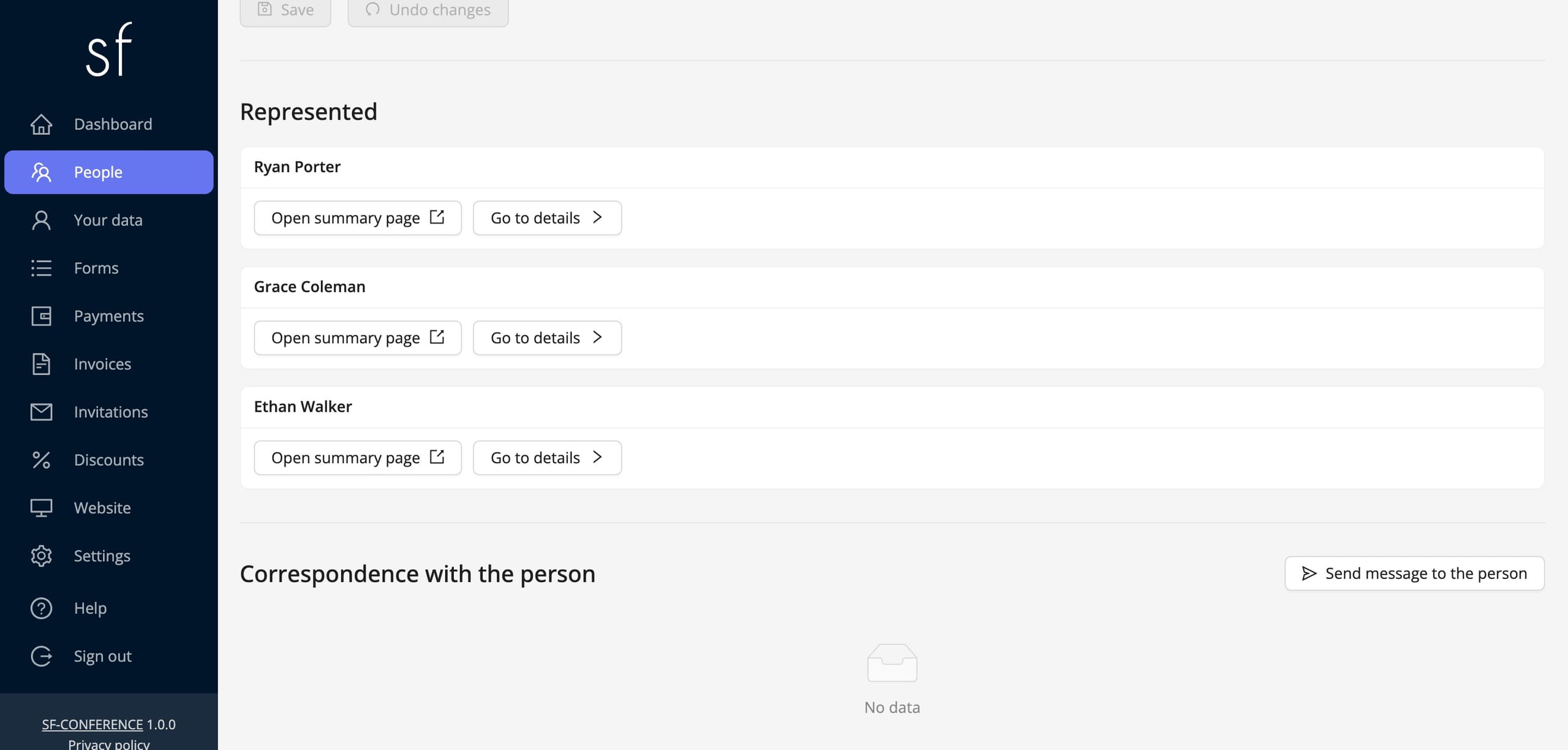 The Represented section on the representative's page in the panel (fictional data)
