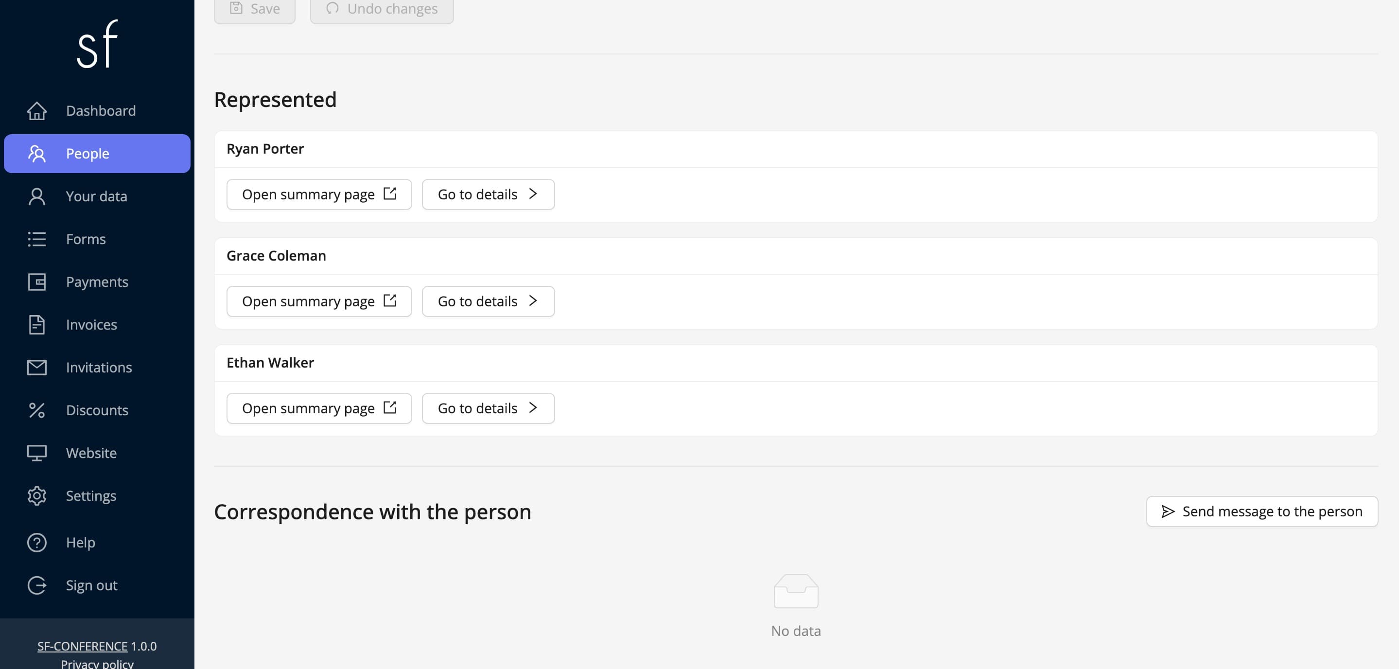The Represented section on the representative's page in the panel (fictional data)