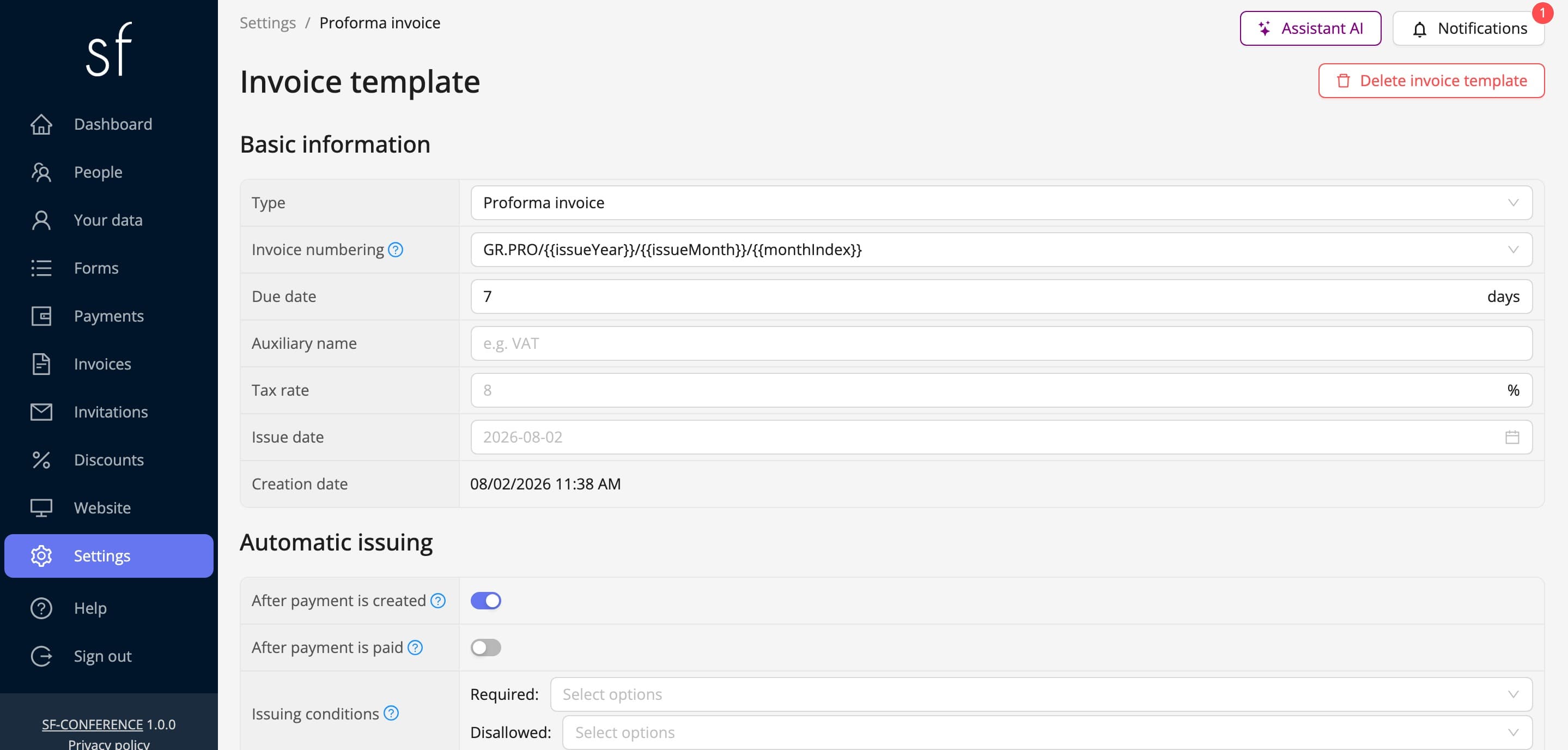 The proforma template with its numbering, payment term and automatic issuing (fictional data)
