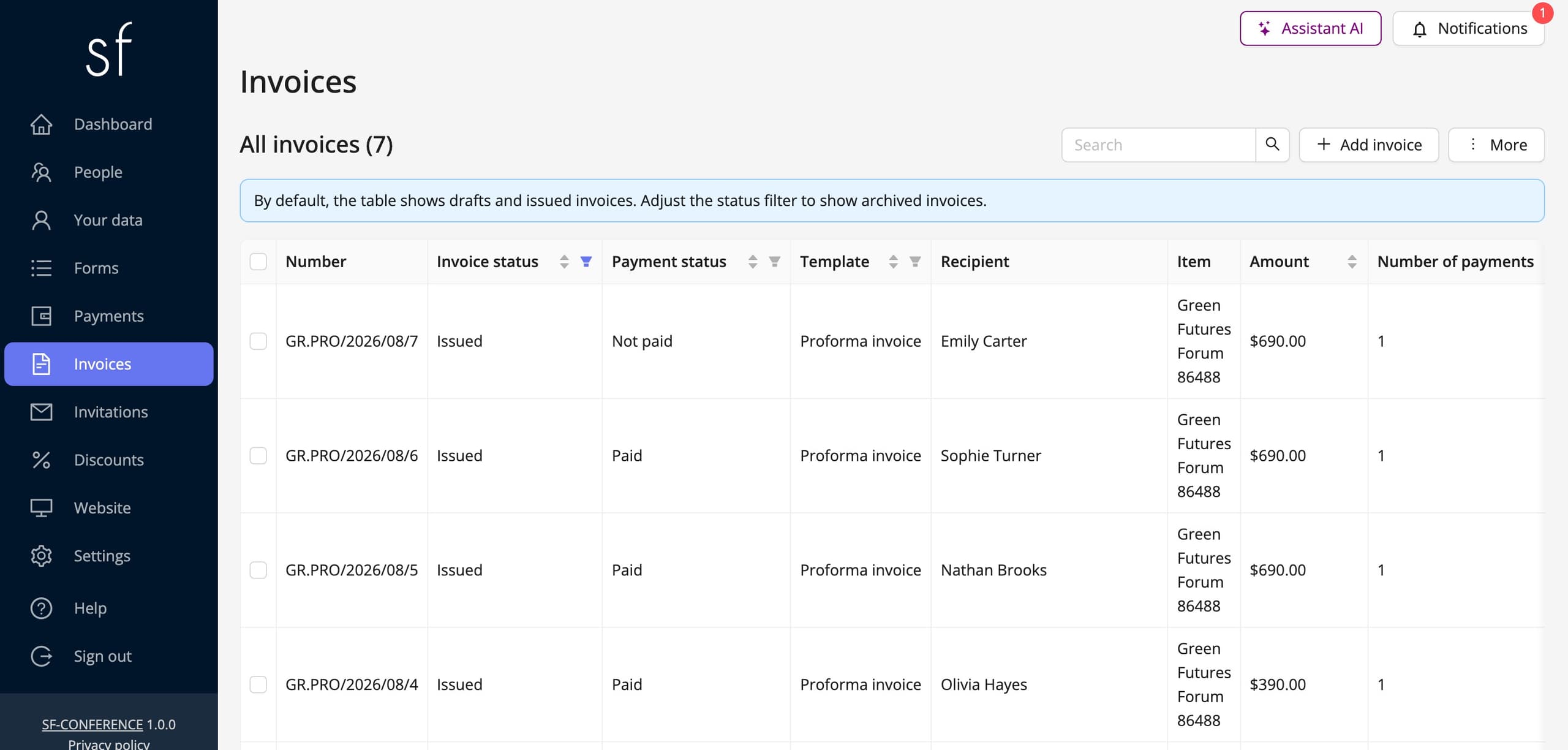 Issued invoices in the organizer panel (fictional data)