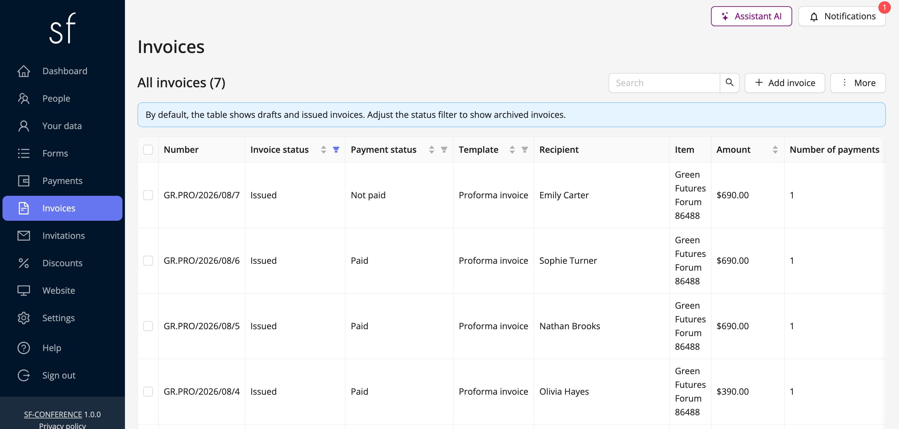 Issued invoices in the organizer panel (fictional data)