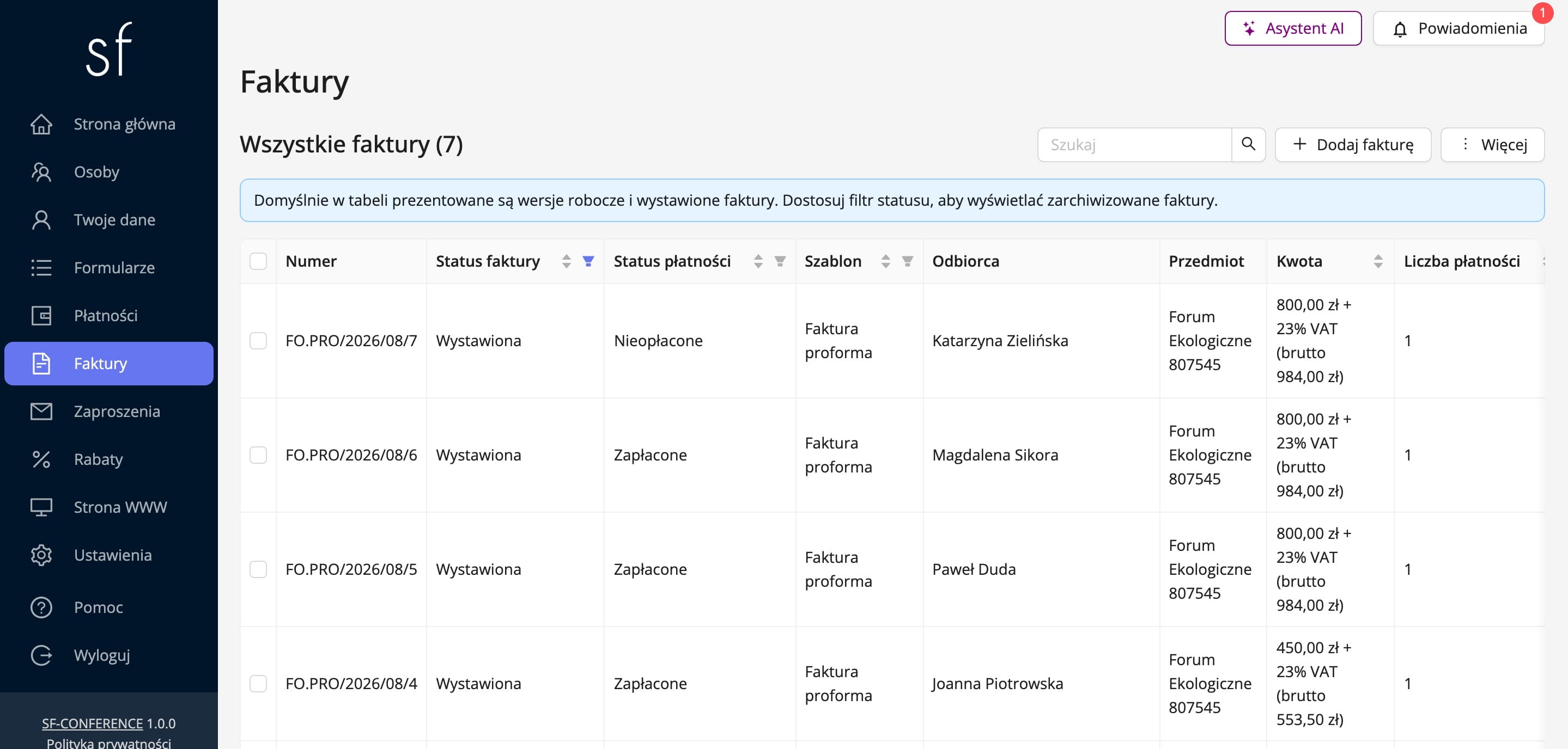 Lista wystawionych faktur w panelu organizatora (dane fikcyjne)