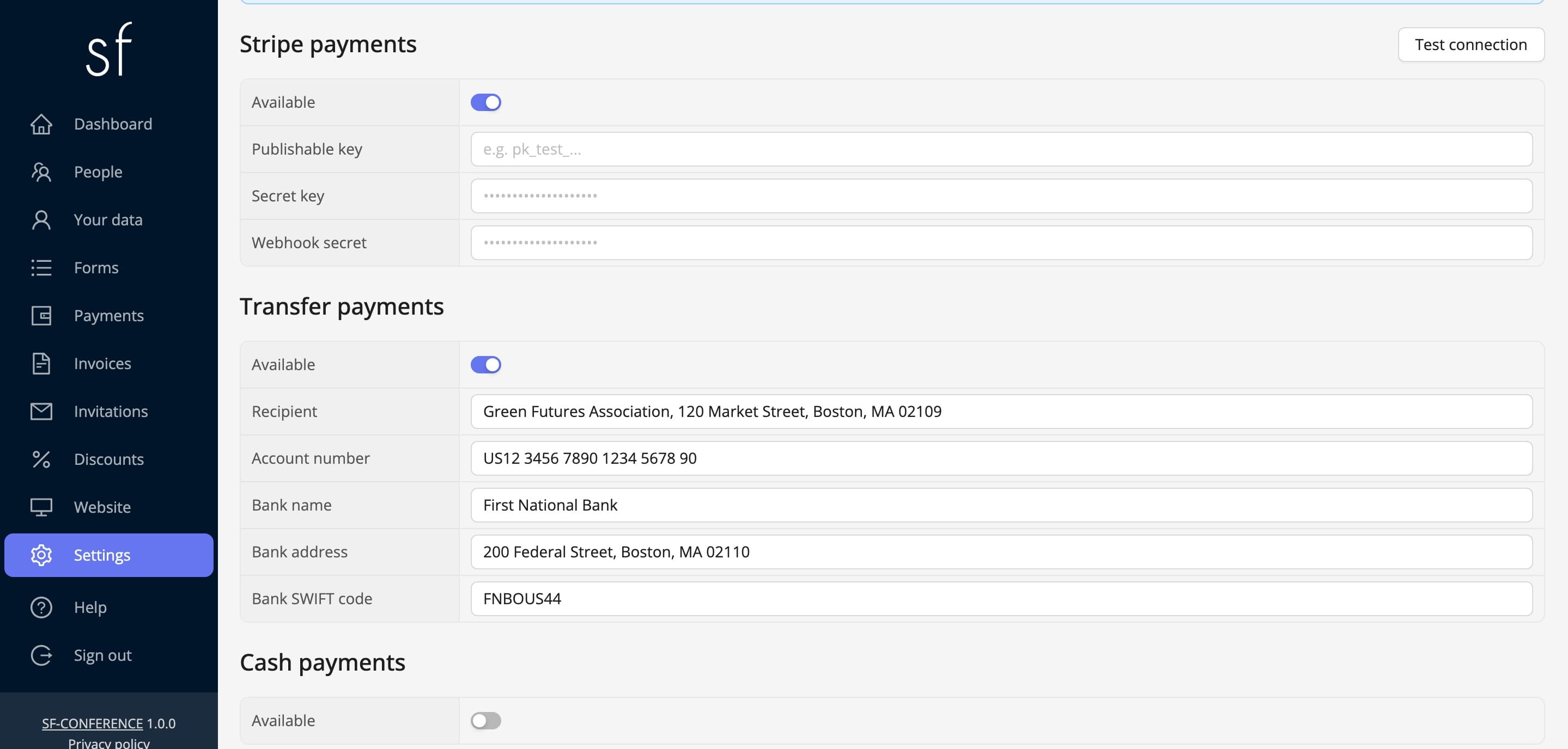 The online payments section in the settings (fictional data)