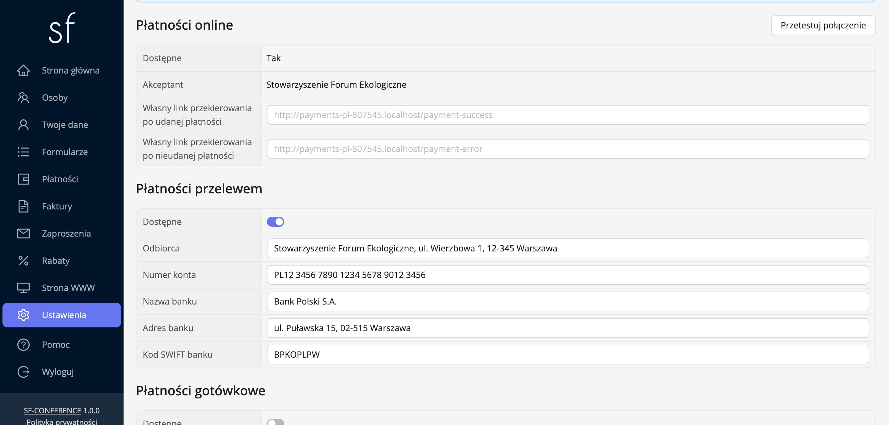 Sekcja płatności online w ustawieniach (dane fikcyjne)