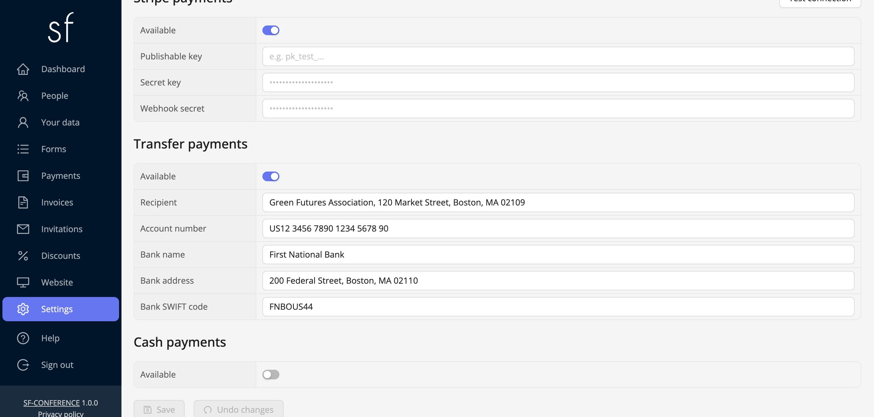Bank transfer details in the payment settings (fictional data)