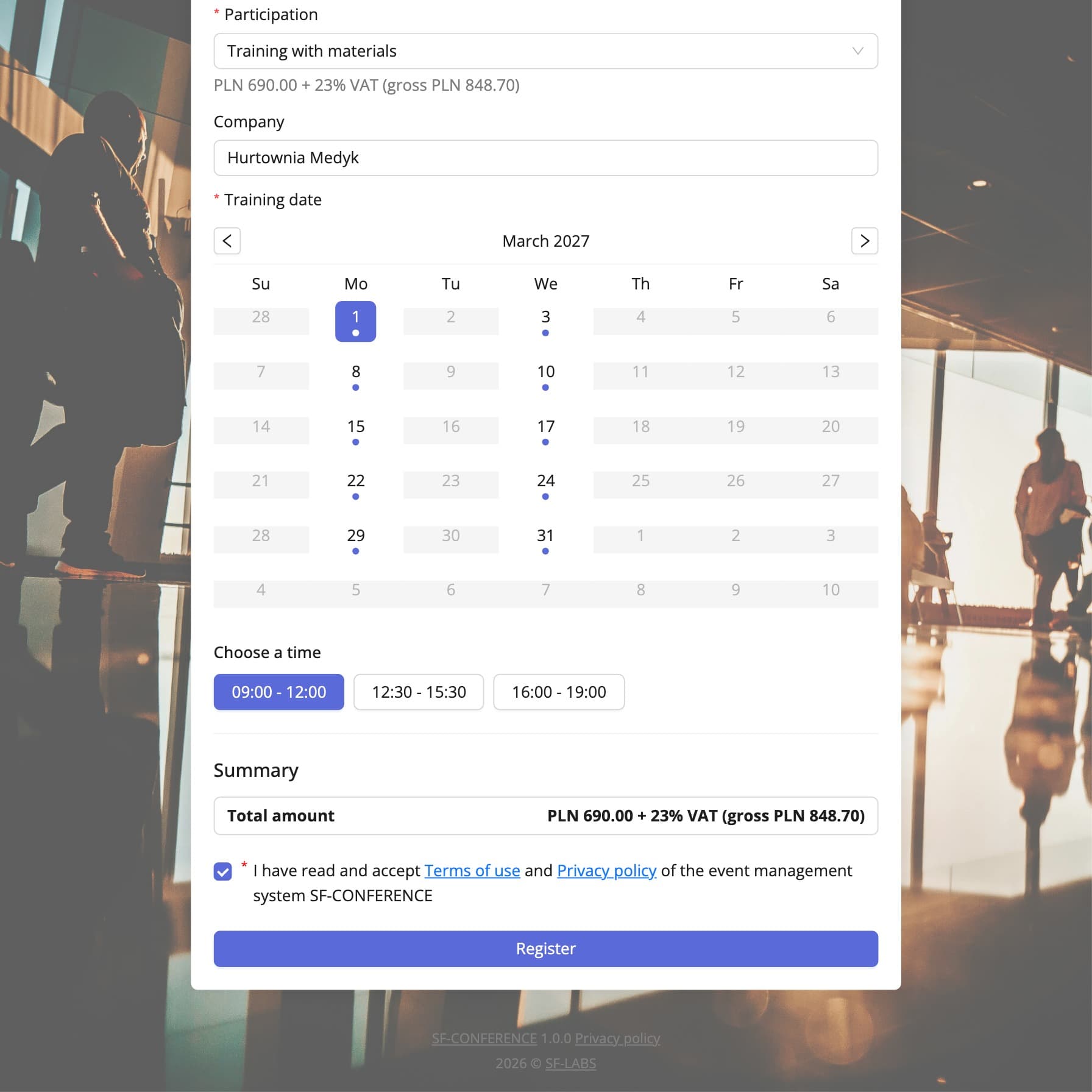 Choosing a training date in the form
