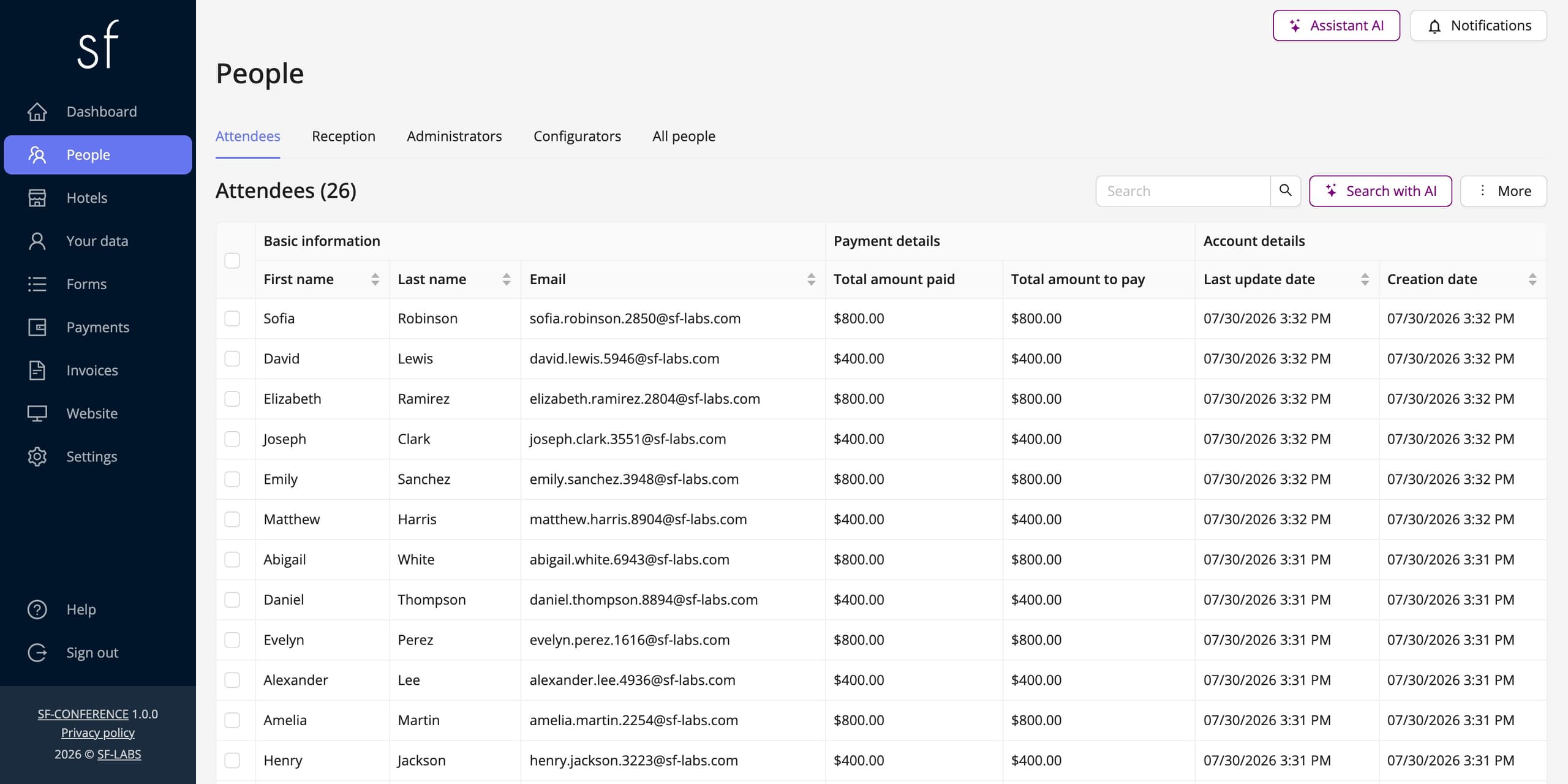 The organizer panel dashboard with the side menu (fictional data)