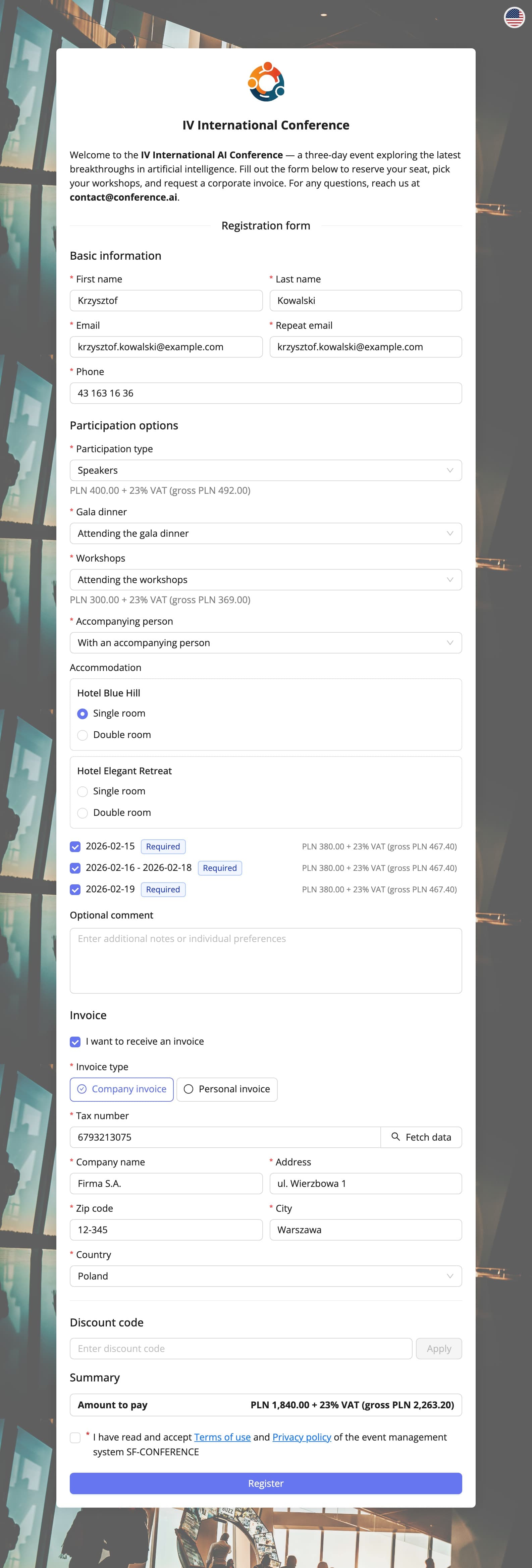 Sample registration form