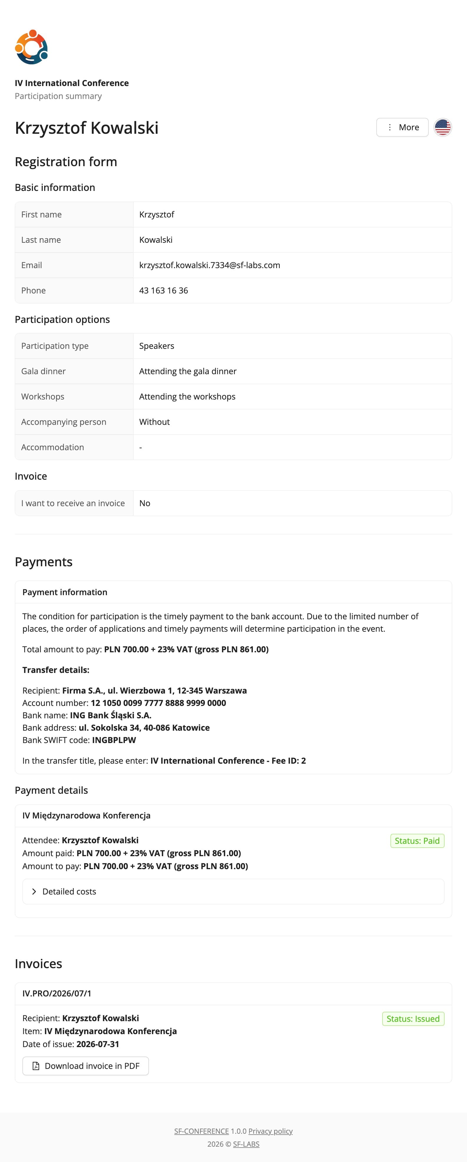 Participant participation summary page