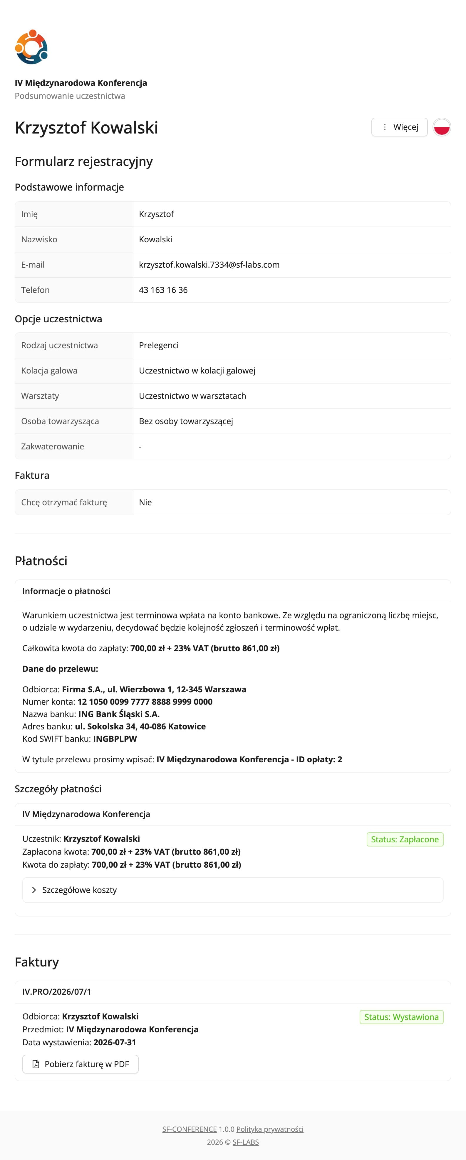 Strona podsumowania uczestnictwa dla uczestnika