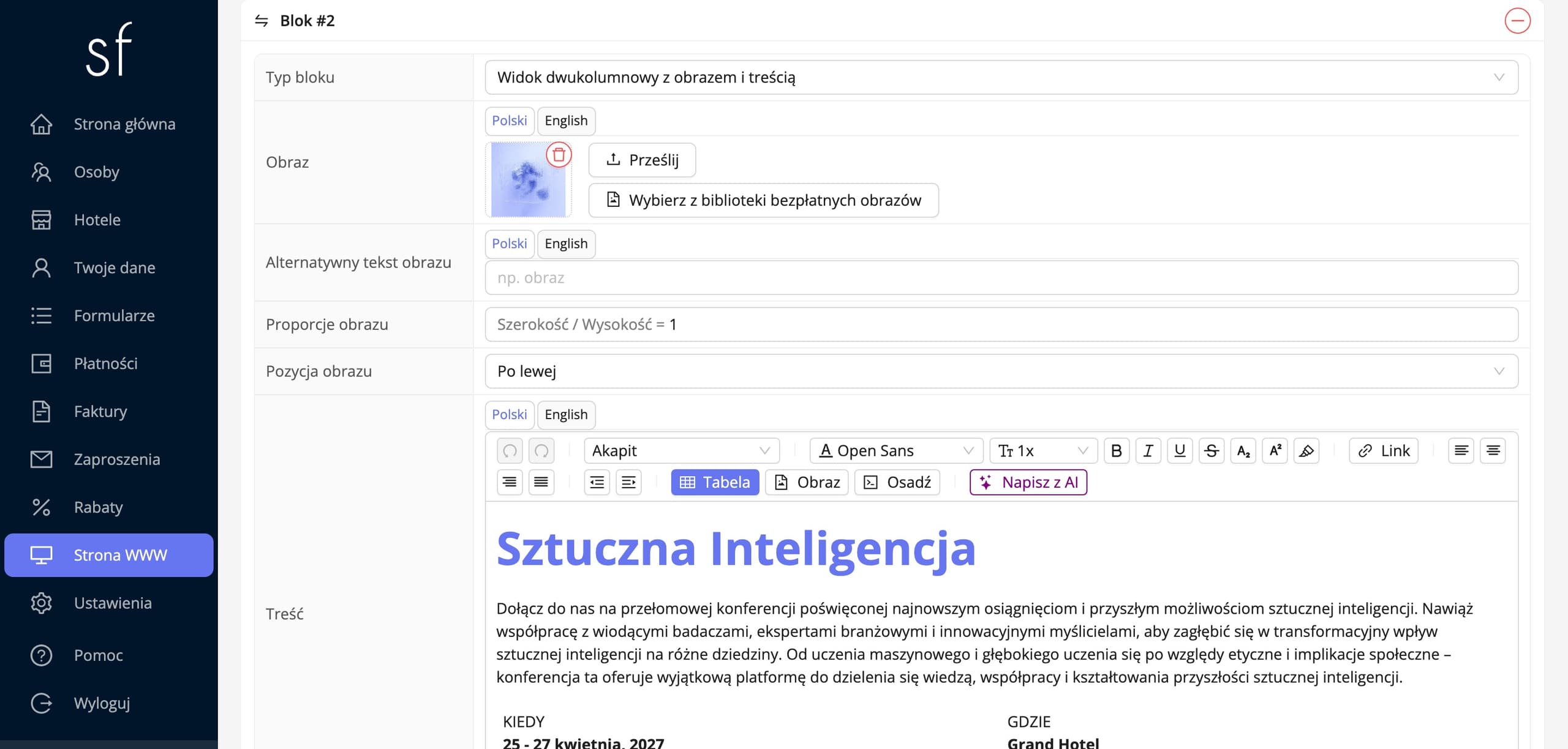 Panel zarządzania stroną internetową wydarzenia